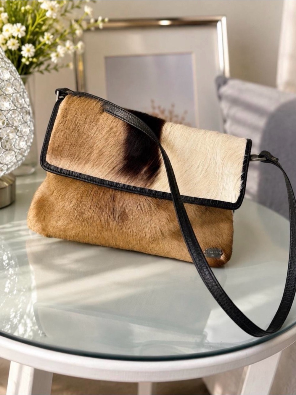 bloom New York Two-Tone Cowhide Crossbody Bag in Brown, Black & Cream